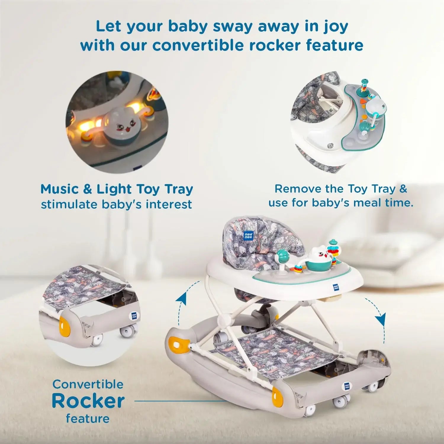 Multi-functional Mee Mee baby walker, aiding in walking development and providing entertainment with a rocking feature. www.usmile.toys