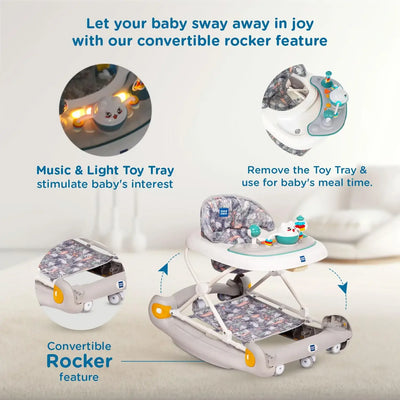 Multi-functional Mee Mee baby walker, aiding in walking development and providing entertainment with a rocking feature. www.usmile.toys