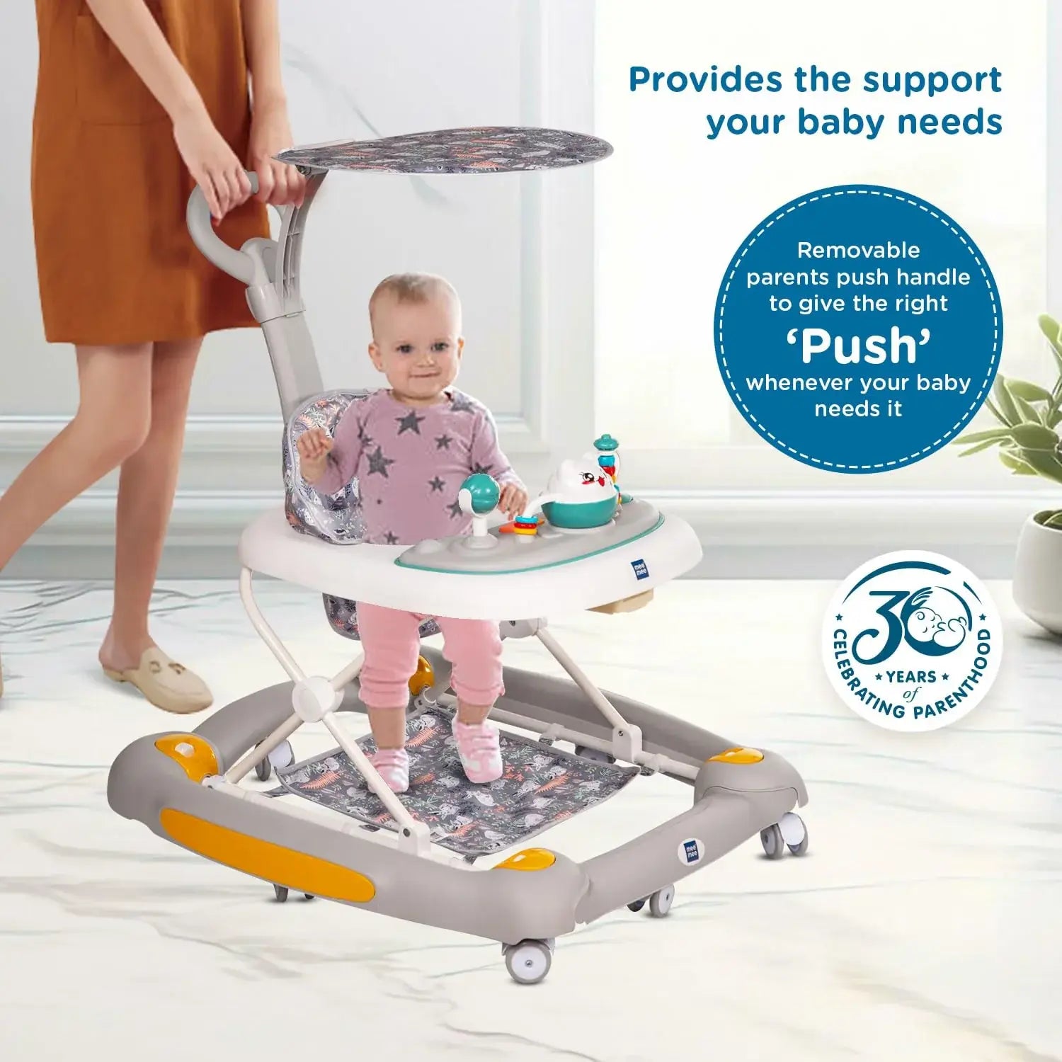 Multi-functional Mee Mee baby walker, aiding in walking development and providing entertainment with a rocking feature. www.usmile.toys