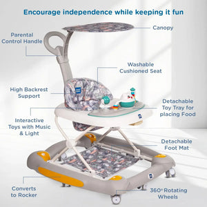 Multi-functional Mee Mee baby walker, aiding in walking development and providing entertainment with a rocking feature. www.usmile.toys
