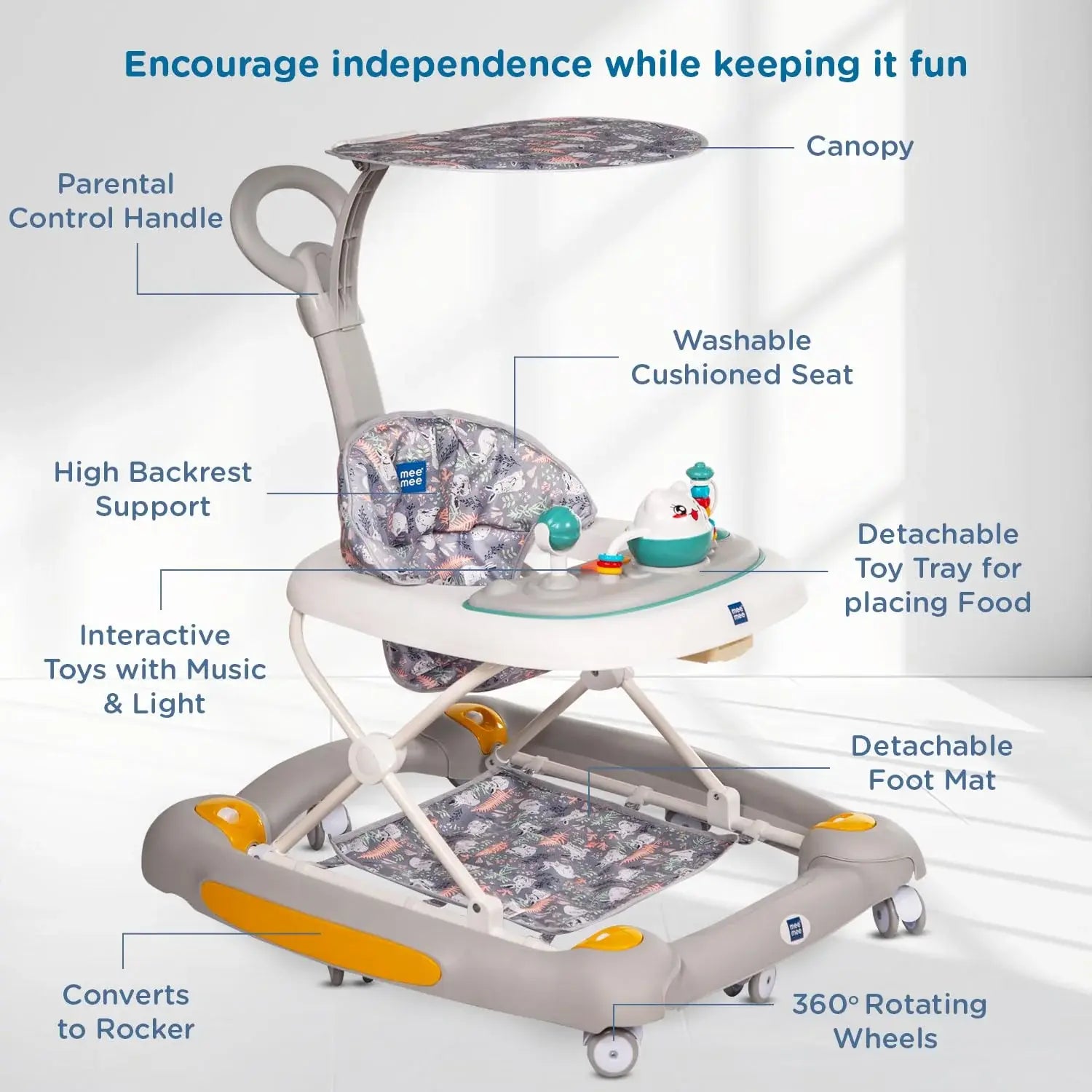 Multi-functional Mee Mee baby walker, aiding in walking development and providing entertainment with a rocking feature. www.usmile.toys