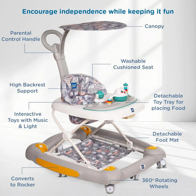 Multi-functional Mee Mee baby walker, aiding in walking development and providing entertainment with a rocking feature. www.usmile.toys