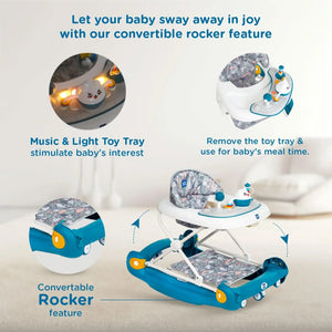 Baby walker with convertible rocker feature and toy tray on a light background