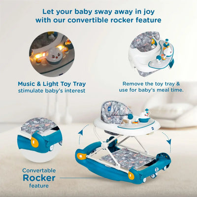 Baby walker with convertible rocker feature and toy tray on a light background