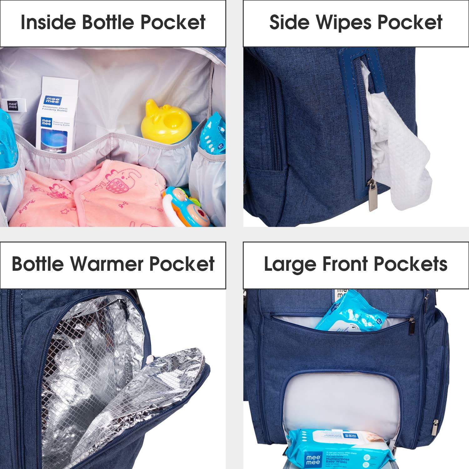 Spacious blue Mee Mee diaper bag with multiple zippered pockets, padded handles, and an adjustable shoulder strap for parents. www.usmile.toys