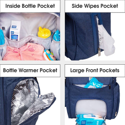 Spacious blue Mee Mee diaper bag with multiple zippered pockets, padded handles, and an adjustable shoulder strap for parents. www.usmile.toys