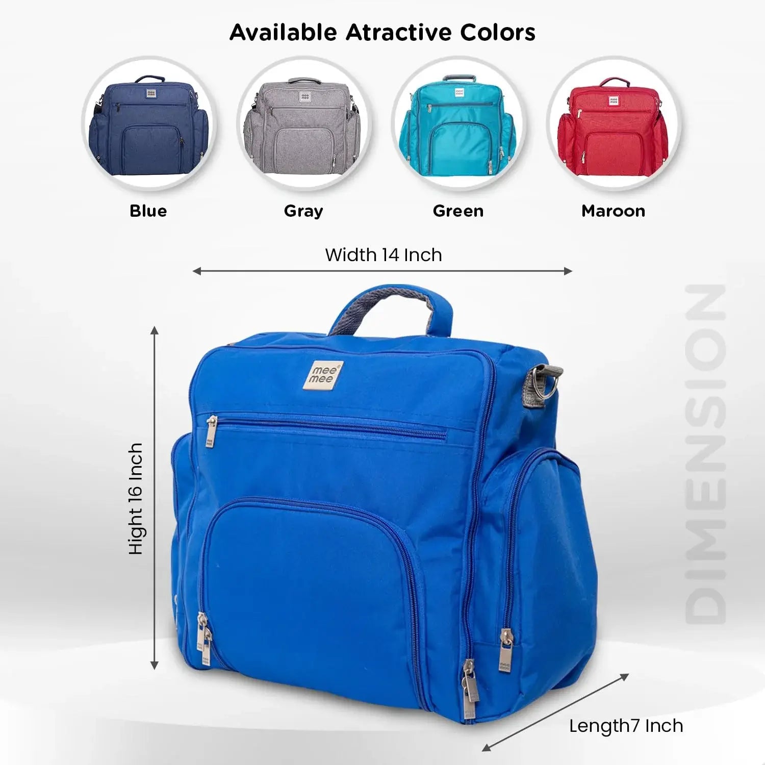 Front view of a blue textured messenger-style diaper bag with various compartments and a Mee Mee brand label. www.usmile.toys