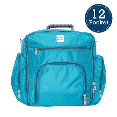 Front view of a blue textured messenger-style diaper bag with various compartments and a Mee Mee brand label. www.usmile.toys