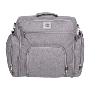 Front view of a blue textured messenger-style diaper bag with various compartments and a Mee Mee brand label. www.usmile.toys