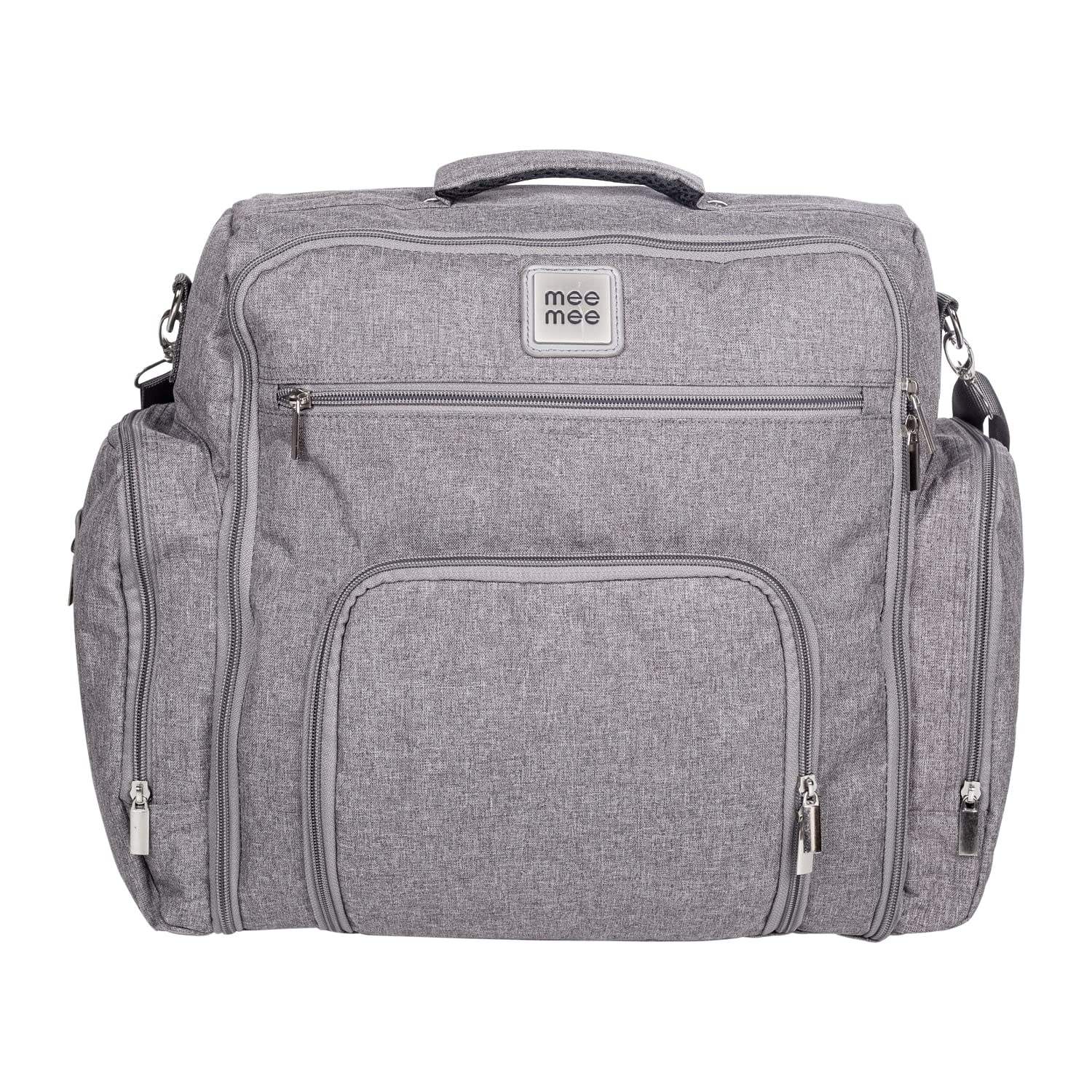 Front view of a blue textured messenger-style diaper bag with various compartments and a Mee Mee brand label. www.usmile.toys