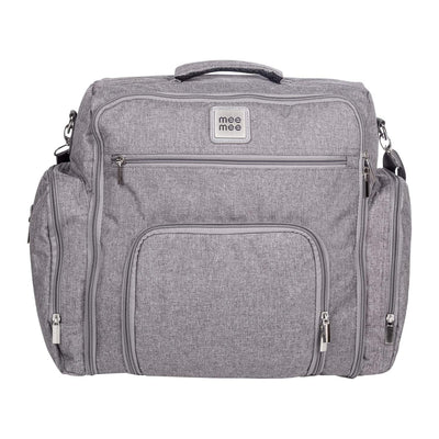 Front view of a blue textured messenger-style diaper bag with various compartments and a Mee Mee brand label. www.usmile.toys