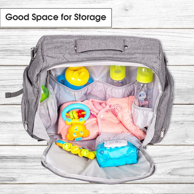 Front view of a blue textured messenger-style diaper bag with various compartments and a Mee Mee brand label. www.usmile.toys