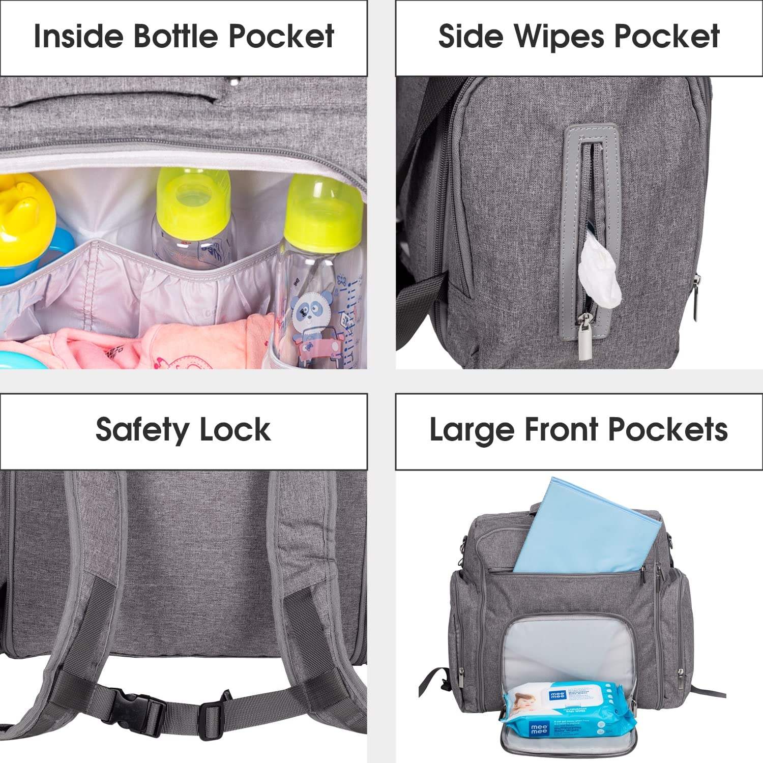 Front view of a blue textured messenger-style diaper bag with various compartments and a Mee Mee brand label. www.usmile.toys