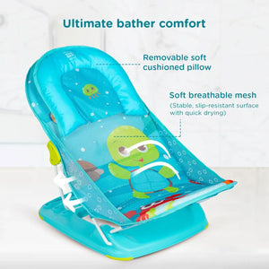 Adjustable Mee Mee baby bath seat with breathable mesh and anti-skid base, featuring a cute green turtle design for infants. www.usmile.toys