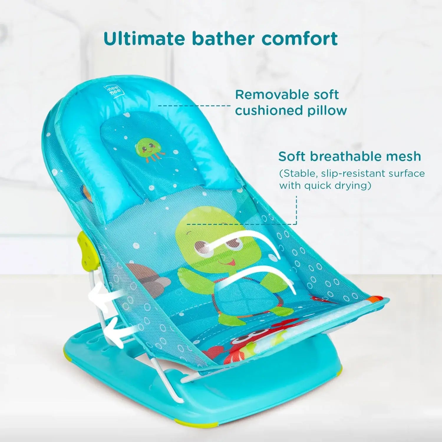 Adjustable Mee Mee baby bath seat with breathable mesh and anti-skid base, featuring a cute green turtle design for infants. www.usmile.toys
