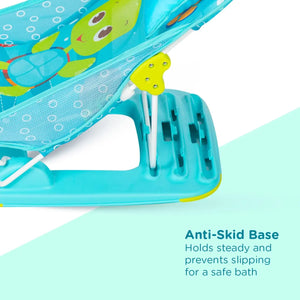 Safe and comfortable baby bathing chair for newborns, making bath time easy and fun with a vibrant turtle design. www.usmile.toys