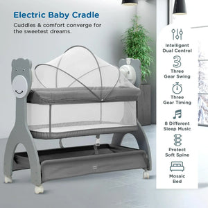 Grey Mee Mee infant cradle with mesh sides, overhead mobile with stars and moon, and a convenient remote control for soothing. www.usmile.toys