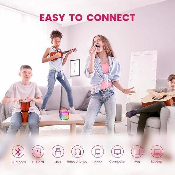 Kids' mini karaoke system with a white square LED Bluetooth speaker and a small matching handheld microphone for singing. www.usmile.toys