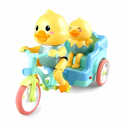 www.usmile.toys"U Smile Toys Musical Funny Duck Toy, a battery-operated plastic toy with two yellow ducks on a moving tricycle, featuring bright colors, engaging music, and flashing lights, perfect for toddlers and babies."