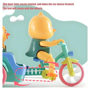 www.usmile.toys "U Smile Toys Musical Funny Duck Toy, a battery-operated plastic toy with two yellow ducks on a moving tricycle, featuring bright colors, engaging music, and flashing lights, perfect for toddlers and babies."