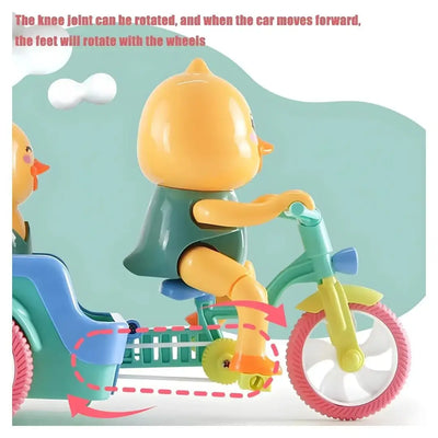 www.usmile.toys "U Smile Toys Musical Funny Duck Toy, a battery-operated plastic toy with two yellow ducks on a moving tricycle, featuring bright colors, engaging music, and flashing lights, perfect for toddlers and babies."