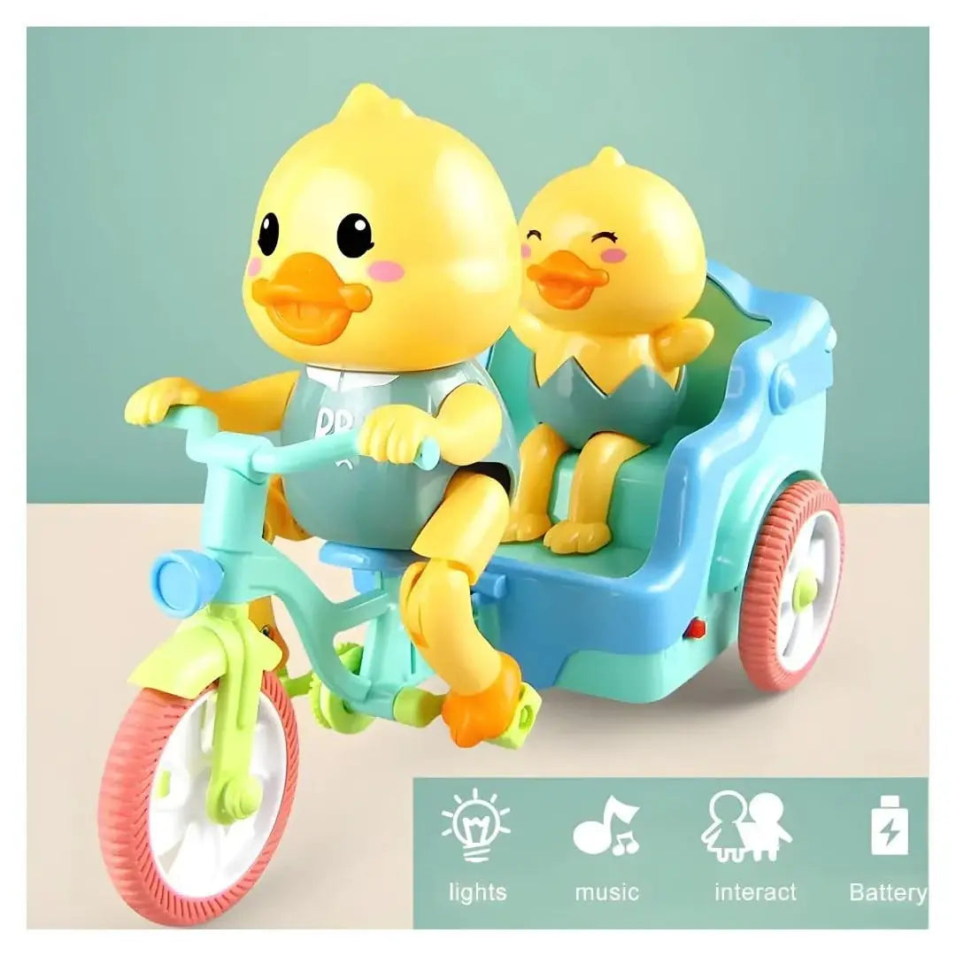 www.usmile.toys "Cute yellow duck toy riding a blue and green tricycle with a smaller duck in the back, features music and motion for infant entertainment."