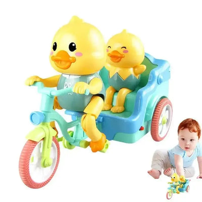 www.usmile.toys "Cute yellow duck toy riding a blue and green tricycle with a smaller duck in the back, features music and motion for infant entertainment."