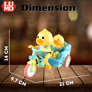 www.usmile.toys"Animated duck toy cycling on a tricycle, a fun musical toy that moves and lights up to encourage crawling and play in infants."