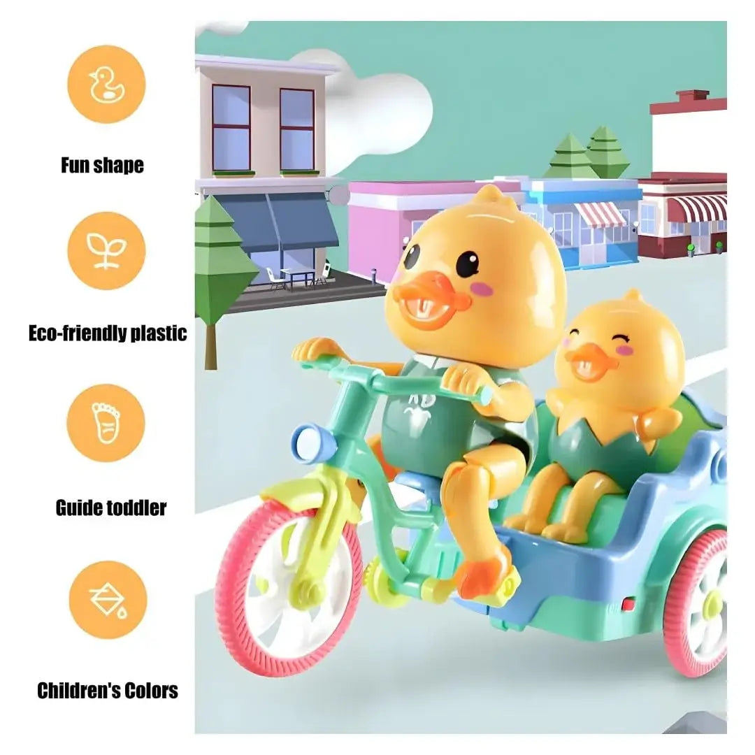www.usmile.toys "Animated duck toy cycling on a tricycle, a fun musical toy that moves and lights up to encourage crawling and play in infants."