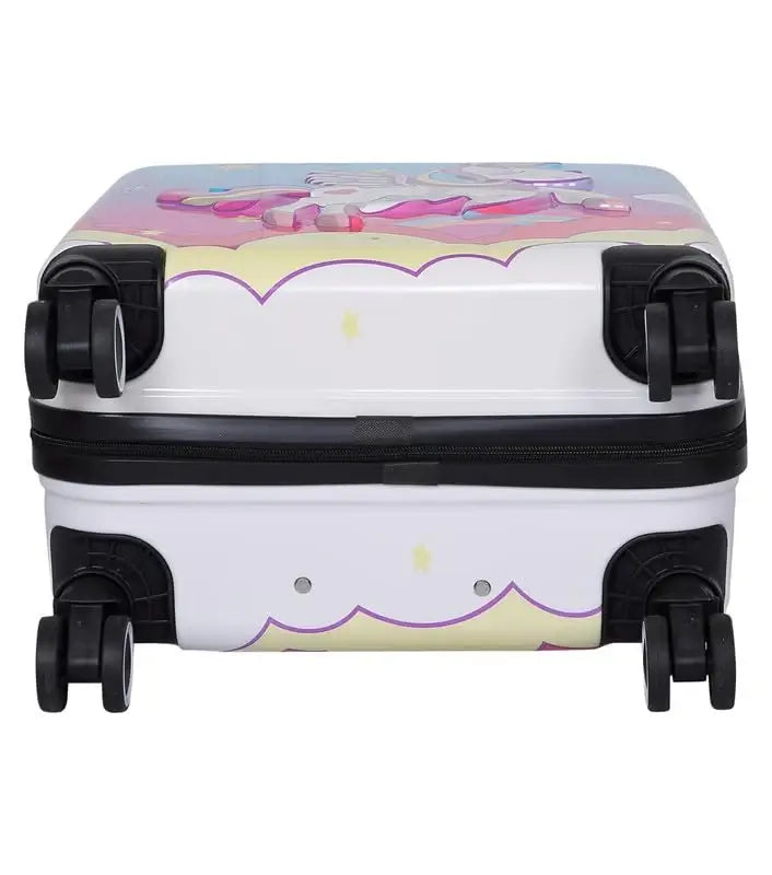 Premium kids luggage with vibrant 3D unicorn and rainbow design, durable trolley bag with spinner wheels for travel. www.usmile.toys