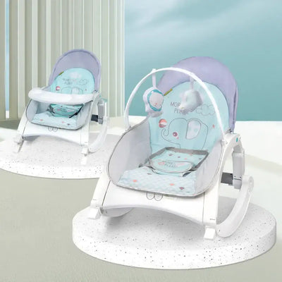 Pink and white R For Rabbit 3-in-1 Rock N Play Rocker and Bouncer, featuring a reclining seat, removable toy arch with dangling toys, and a feeding tray. Suitable for infants and toddlers. From uSmile.toys." www.usmile.toys