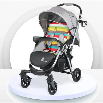 Grey R For Rabbit Chocolate Ride Baby Stroller with a multi-colored striped seat cushion, adjustable canopy, cup holder, and a sturdy frame. Designed for comfortable and secure baby travel. From uSmile.toys." www.usmile.toys