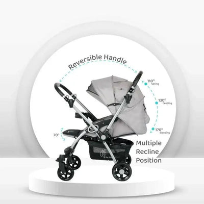 Grey R For Rabbit Chocolate Ride Baby Stroller with a multi-colored striped seat cushion, adjustable canopy, cup holder, and a sturdy frame. Designed for comfortable and secure baby travel. From uSmile.toys." www.usmile.toys