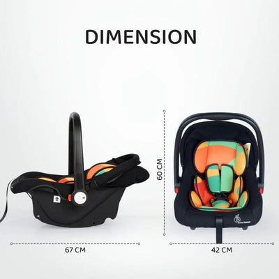 Black R For Rabbit Picabo 4-in-1 Baby Carrycot and Car Seat with vibrant orange and green padded interior, a sturdy handle, and a protective canopy. Designed for safe infant travel and comfort. From uSmile.toys." www.usmile.toys