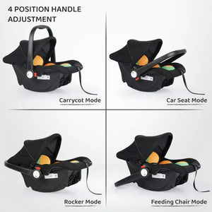 Black R For Rabbit Picabo 4-in-1 Baby Carrycot and Car Seat with vibrant orange and green padded interior, a sturdy handle, and a protective canopy. Designed for safe infant travel and comfort. From uSmile.toys." www.usmile.toys