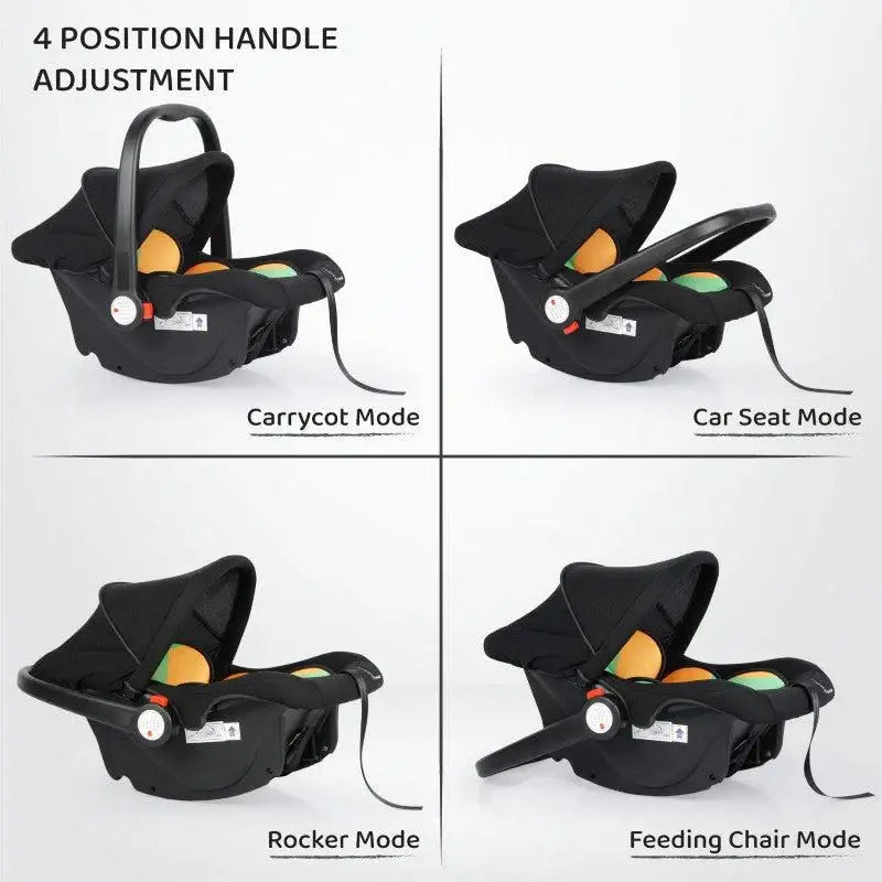 Black R For Rabbit Picabo 4-in-1 Baby Carrycot and Car Seat with vibrant orange and green padded interior, a sturdy handle, and a protective canopy. Designed for safe infant travel and comfort. From uSmile.toys." www.usmile.toys