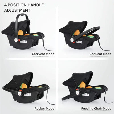 Black R For Rabbit Picabo 4-in-1 Baby Carrycot and Car Seat with vibrant orange and green padded interior, a sturdy handle, and a protective canopy. Designed for safe infant travel and comfort. From uSmile.toys." www.usmile.toys