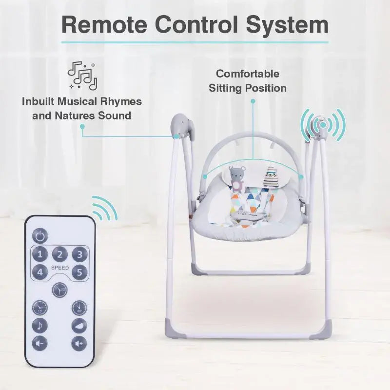 Grey R for Rabbit electric baby bouncer with safety harness and mobile toy bar, ideal for soothing infants. www.usmile.toys