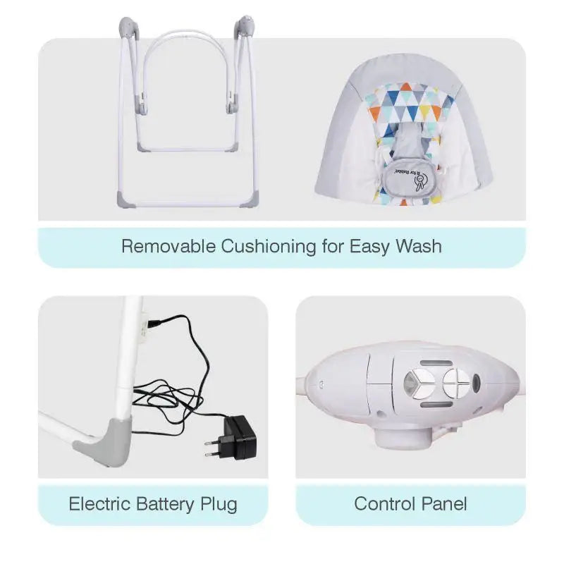 Comforting R for Rabbit automatic baby swing, providing gentle motion and entertainment for peaceful babies. www.usmile.toys