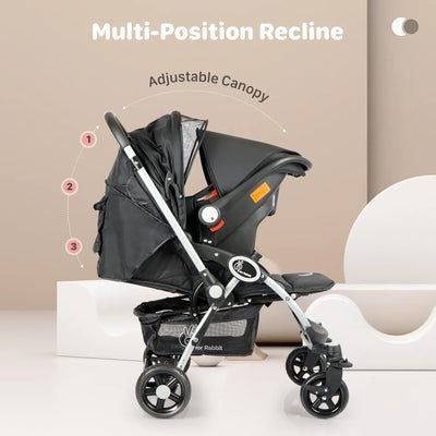 Black and grey R for Rabbit Chocolate Ride baby travel system, including a stroller and infant car seat, designed for newborns and toddlers." www.usmile.toys 