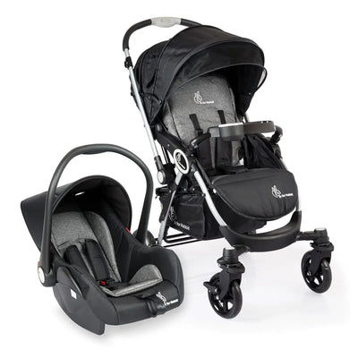 "Black and grey R for Rabbit Chocolate Ride baby travel system, including a stroller and infant car seat, designed for newborns and toddlers." www.usmile.toys