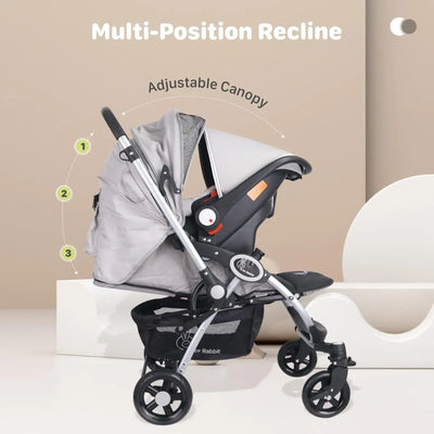 R for Rabbit Baby Travel System with a grey stroller and infant car seat, offering a complete solution for safe and convenient baby and kids transportation, with colorful accents. www.usmile.toys