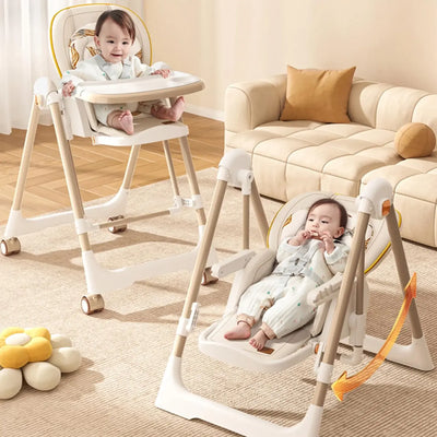 "Versatile baby high chair and coordinating baby swing set in cream and wood-look finish, showing two contented babies. Ideal for feeding, playing, and napping for infants and toddlers. Usmile Toys." www.usmile.toys