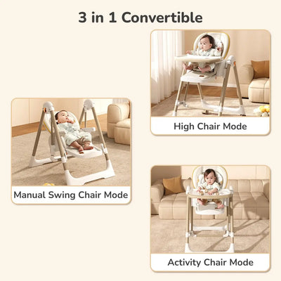Modern baby high chair with adjustable tray and a separate baby swing/bouncer, both in a neutral cream and beige color scheme. Features happy babies using the multi-functional seating, perfect for a nursery or living room." www.usmile.com