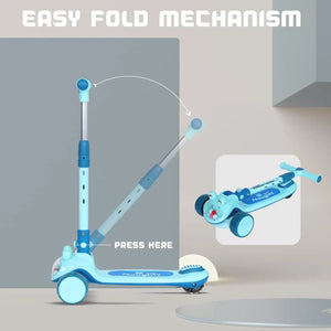 "Light blue R for Rabbit Road Runner Hopper Foldable Kick Scooter with bright LED light-up wheels, designed for kids aged 3+ years to enhance balance and outdoor play. Usmile Toys." www.usmile.toys