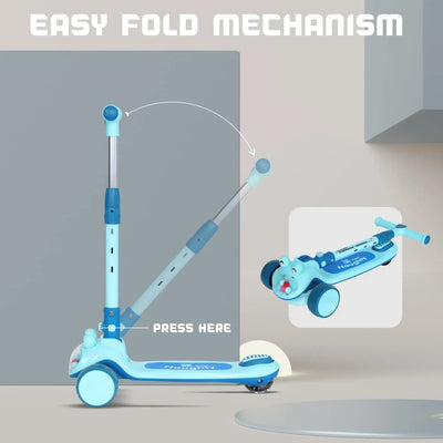 "Light blue R for Rabbit Road Runner Hopper Foldable Kick Scooter with bright LED light-up wheels, designed for kids aged 3+ years to enhance balance and outdoor play. Usmile Toys." www.usmile.toys