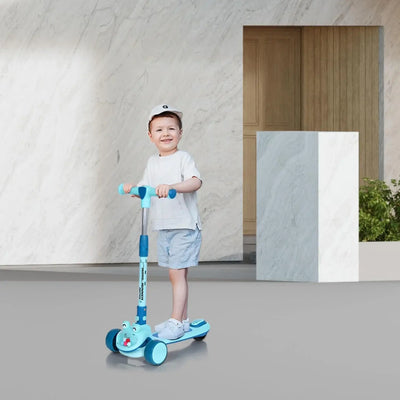"R for Rabbit Road Runner Hopper 3-wheel Kick Scooter in blue, featuring a foldable design, glowing LED wheels, and a cute 'frog' or 'character' front for engaging fun for kids 3 years and above." www.usmile.toys