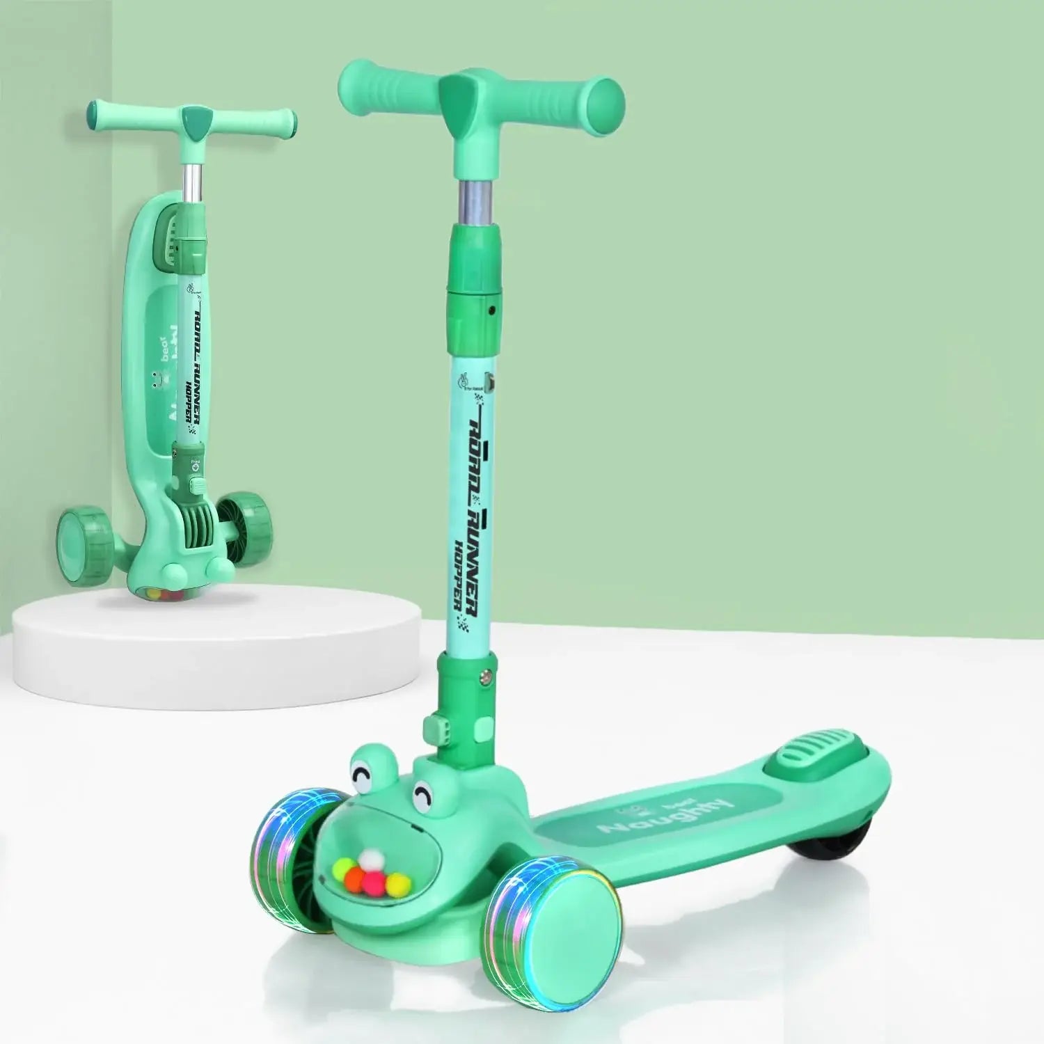 The R for Rabbit Road Runner Hopper, a foldable 3-wheel kick scooter for children aged 3 years and up. This durable and stable scooter comes in a cheerful blue color with vibrant LED light-up wheels and a unique front design, perfect for stimulating active play and developing motor skills. Available at Usmile Toys." www.usmile.toys