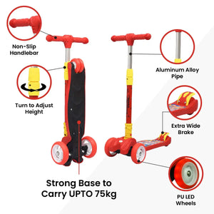 Red R for Rabbit Road Runner 3-Wheel Scooter for kids aged 3 and above, featuring vibrant LED light-up wheels. A young boy is happily riding the scooter, perfect for developing balance and outdoor fun. Usmile Toys." www.usmile.toys