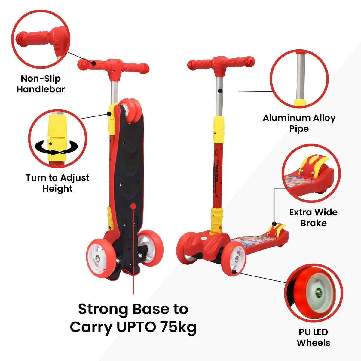 Red R for Rabbit Road Runner 3-Wheel Scooter for kids aged 3 and above, featuring vibrant LED light-up wheels. A young boy is happily riding the scooter, perfect for developing balance and outdoor fun. Usmile Toys." www.usmile.toys